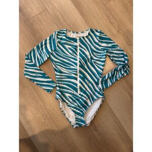 Michael Kors Teal White Zebra Print Long Sleeve One Piece Swimsuit Rash Guard 6